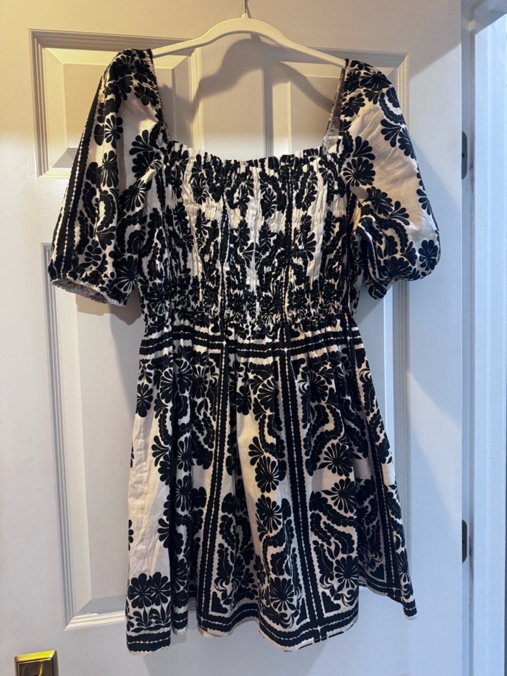 ANTONIO MELANI Black and White Floral Smocked Mini Dress